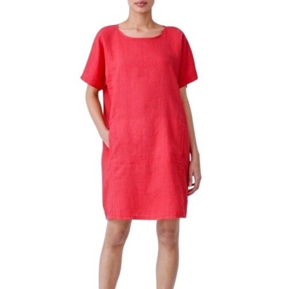 Eileen Fisher Women XS Organic Linen Shift Dress Orange/Red Short Sleeve Pockets